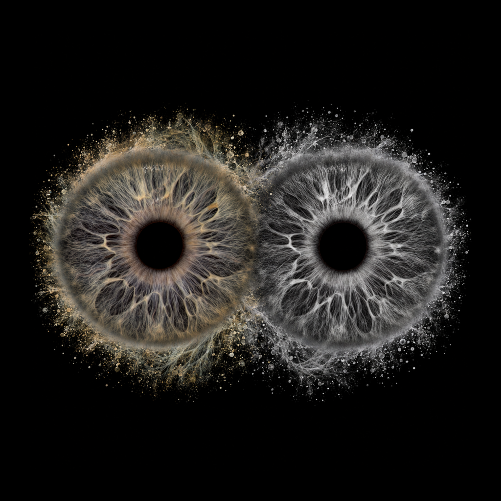 Nahaufnahme einer Iris mit feinen Fasern und leuchtenden Farben, fotografiert in der Optometrie Praxis Aare